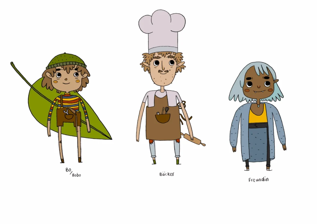 frühe Characteredesigns von Bobo, dem Bäcker und der Freundin Mimi